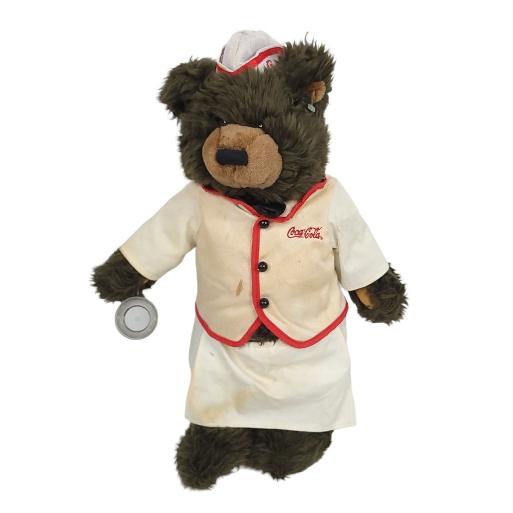 Vtg 1995 Coca Cola Bear Plush Soda Fountain Jerk Stuffed Animal Toy Brown White